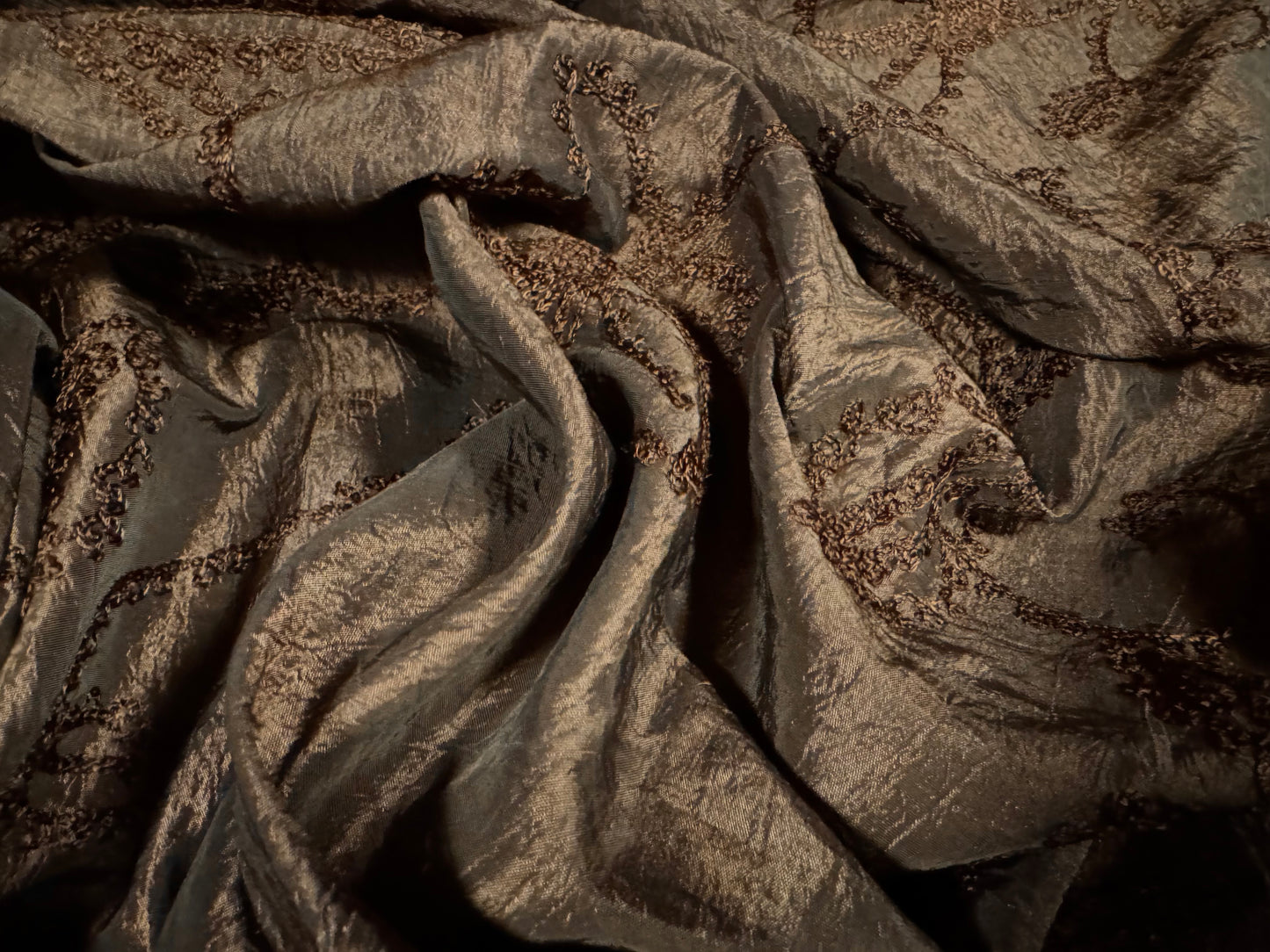 Taffeta faux silk fabric, per metre - floral embroidery - brown