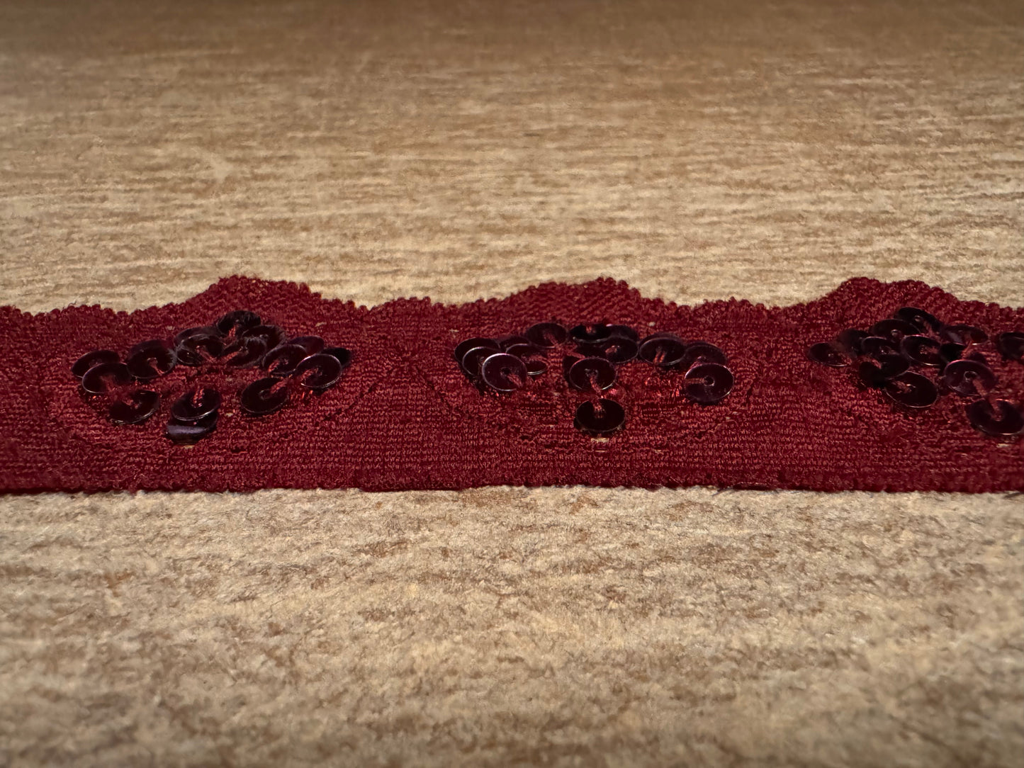 Scalloped lace edging trim fabric with sequins - stretch - burgundy