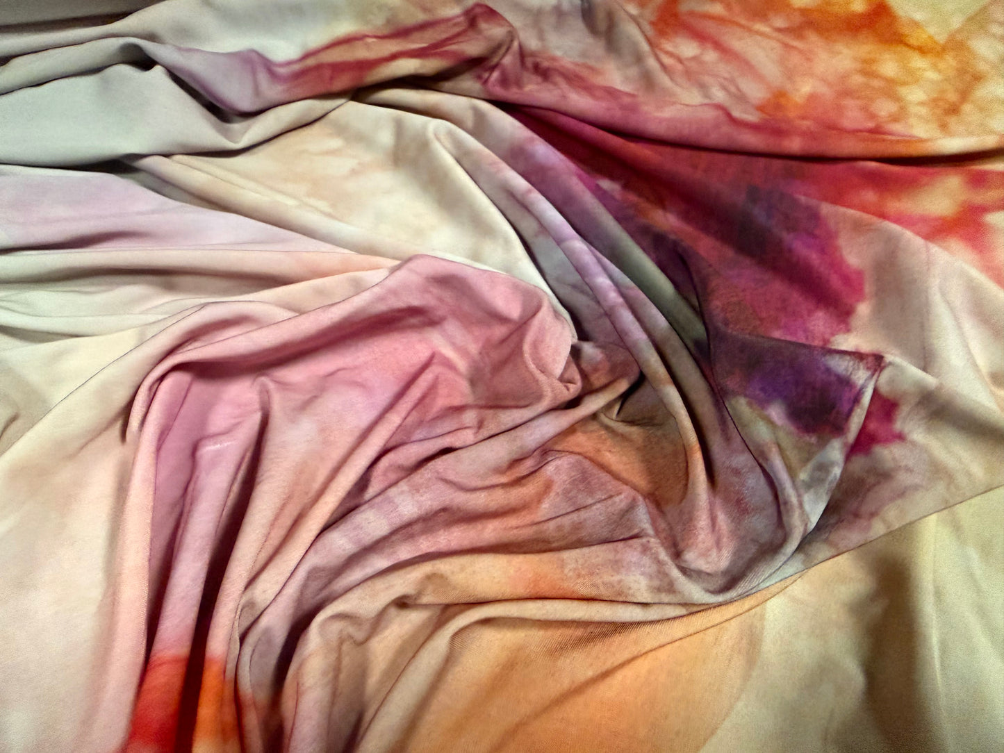 Soft touch stretch spandex single jersey fabric, per metre - watercolour lily print - fuchsia & peach