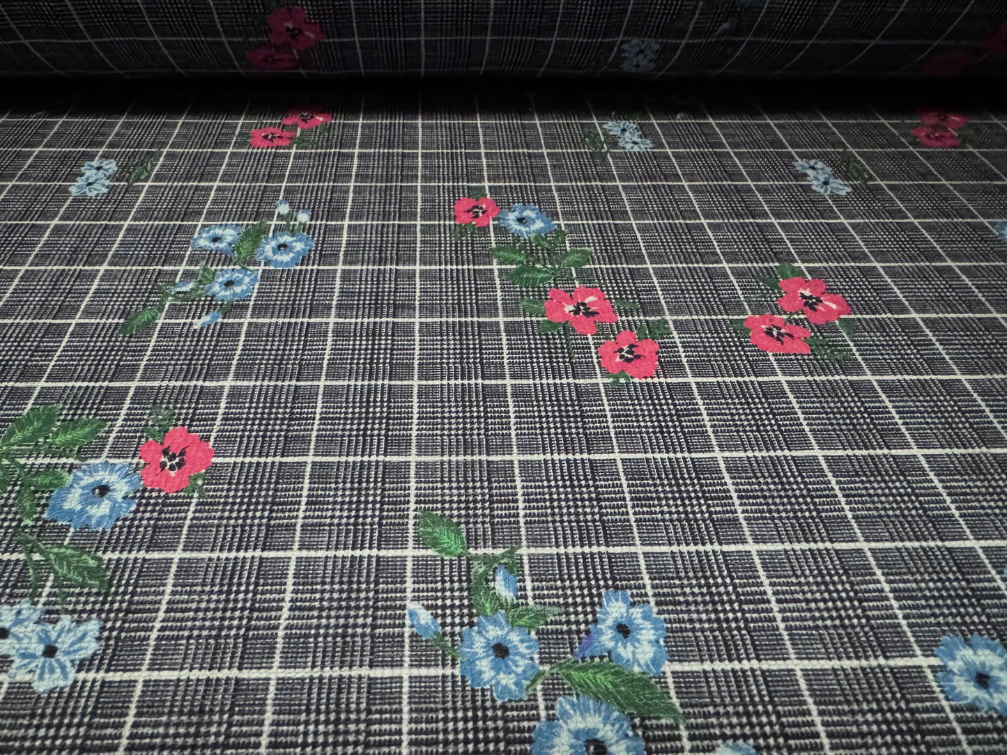 Chenille upholstery fabric, per metre - floral check print - denim blue
