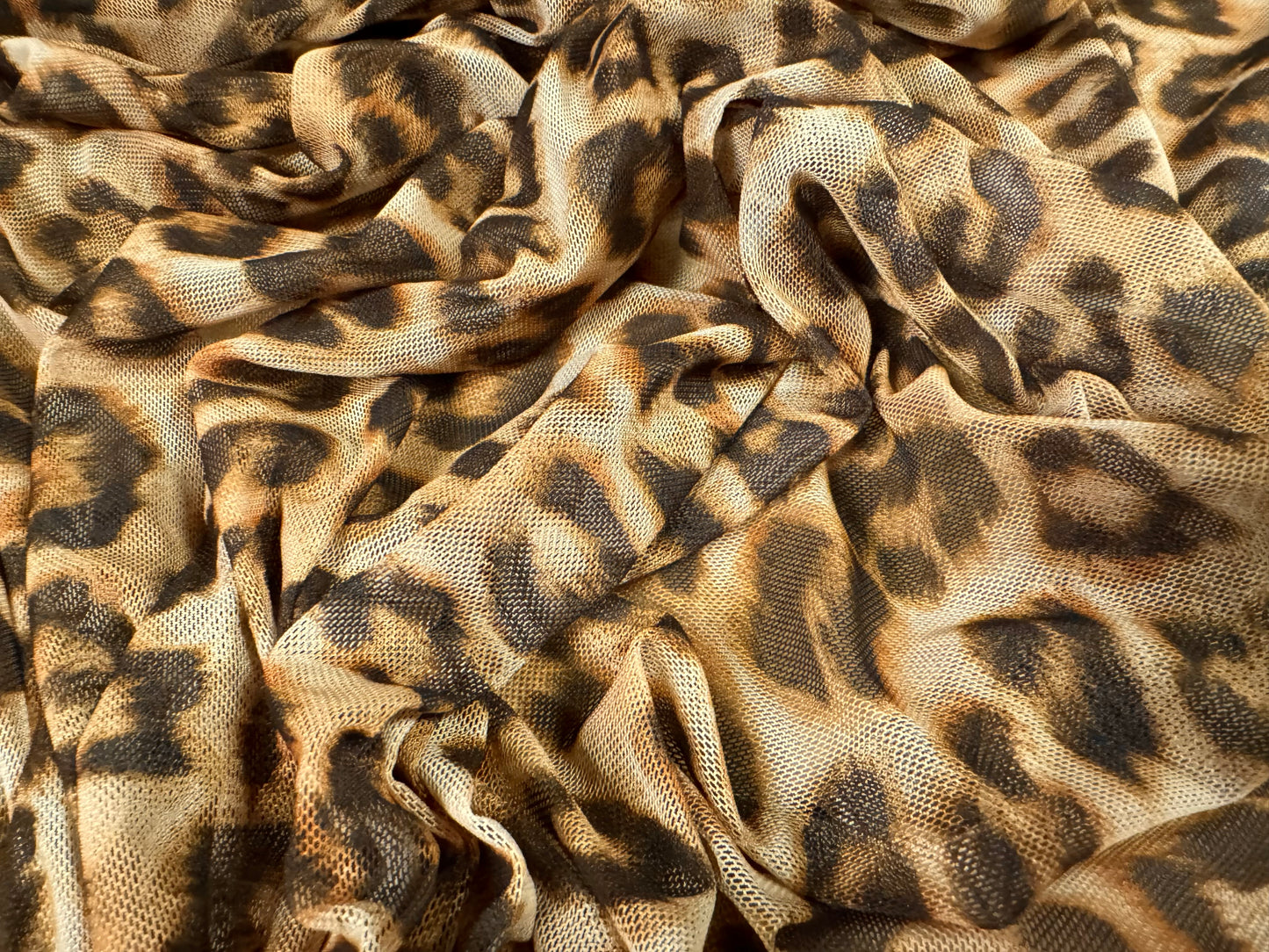 Power mesh net stretch spandex fabric, per metre - leopard animal print - stone & gold