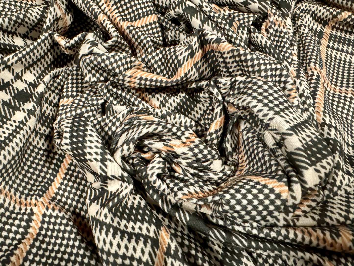 Soft handle stretch single jersey fashion fabric, per metre - puppytooth check print - cream grey & tan