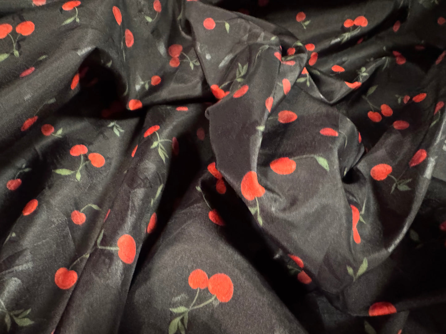 Taffeta faux silk fabric - pressed leaf jacquard with cherry print - black & red
