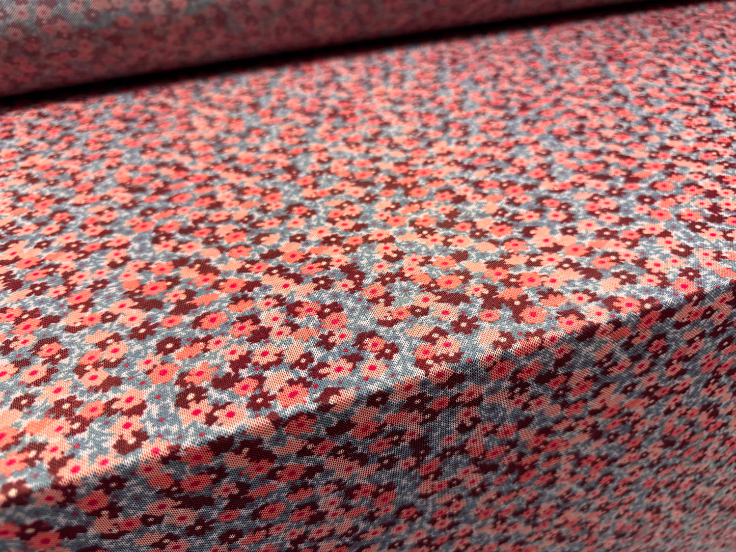 Power mesh net stretch spandex fabric, per metre - ditsy floral print - pink & burgundy