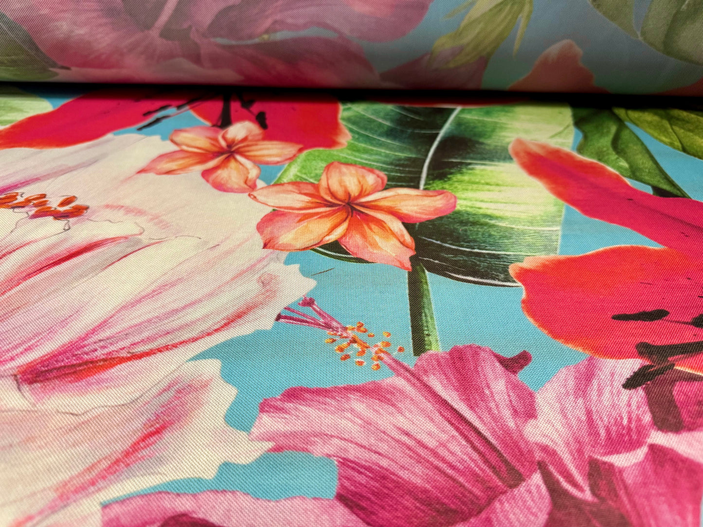 Power mesh net stretch spandex fabric, per metre - Tropical orchid floral print - sky blue & pink