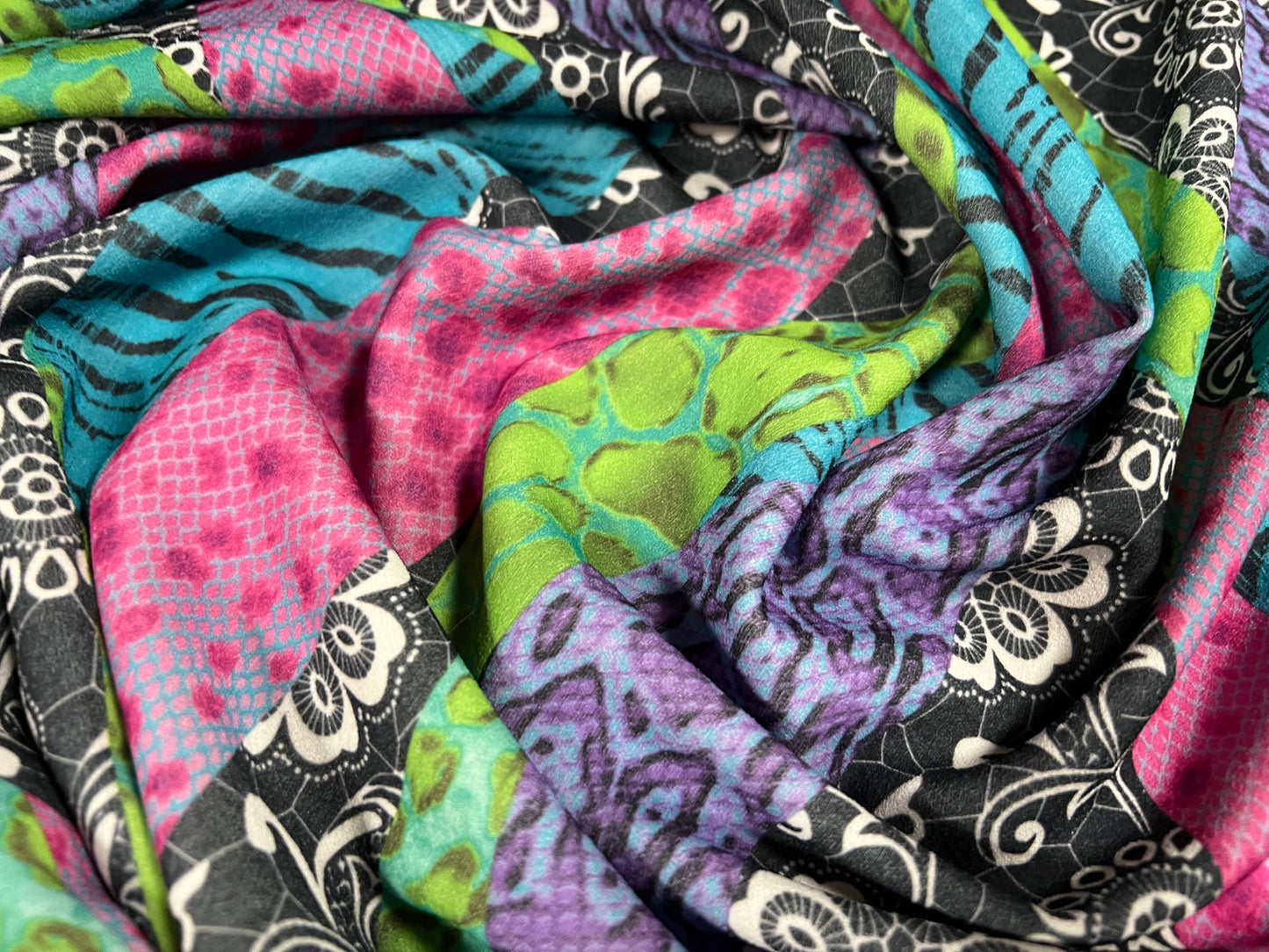 Scuba crepe stretch spandex jersey dress fabric, per metre - animal and lace fusion print - multicolour