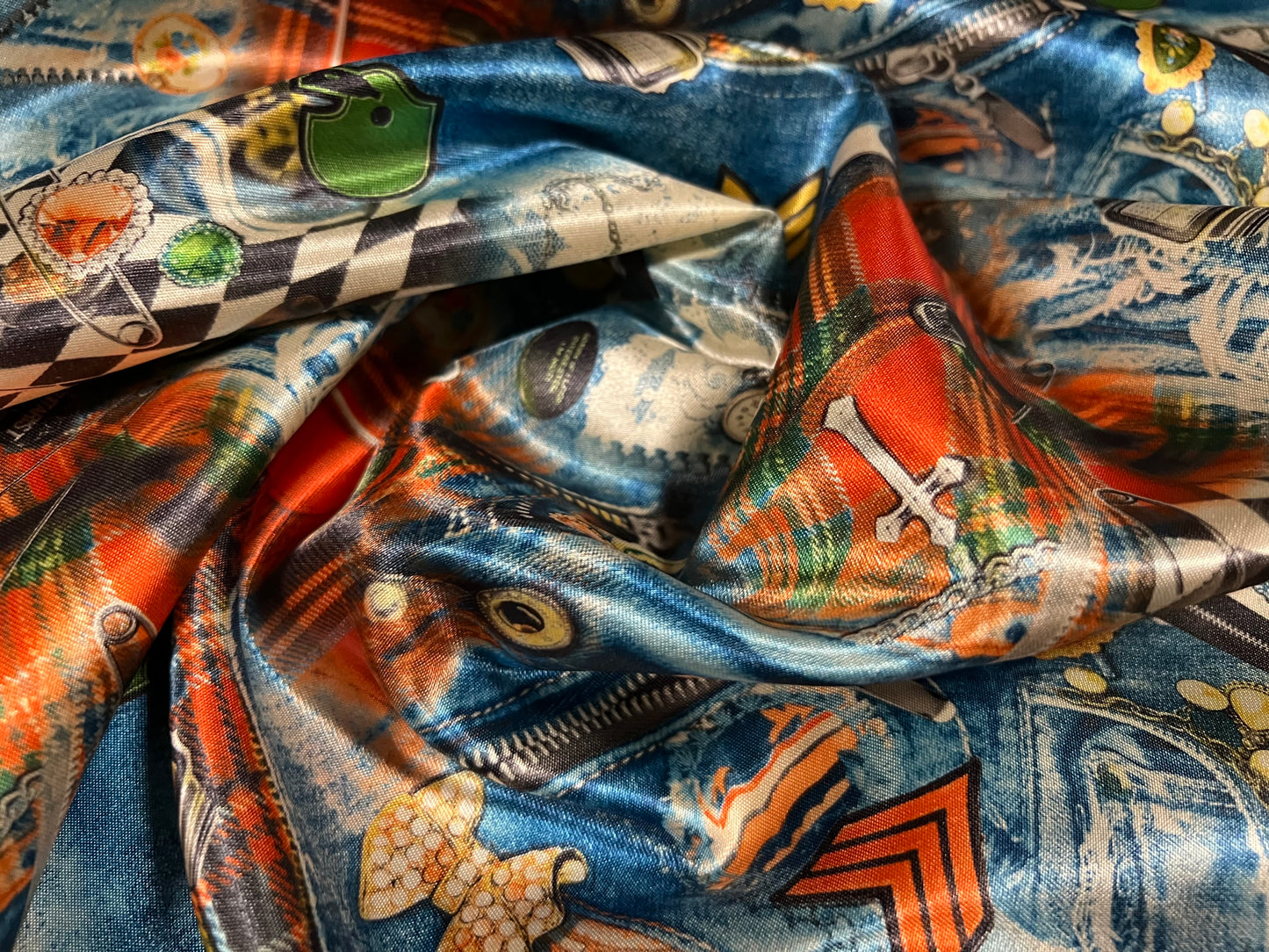 Silky Satin woven dress fabric, per metre - steampunk tartan print - blue & red