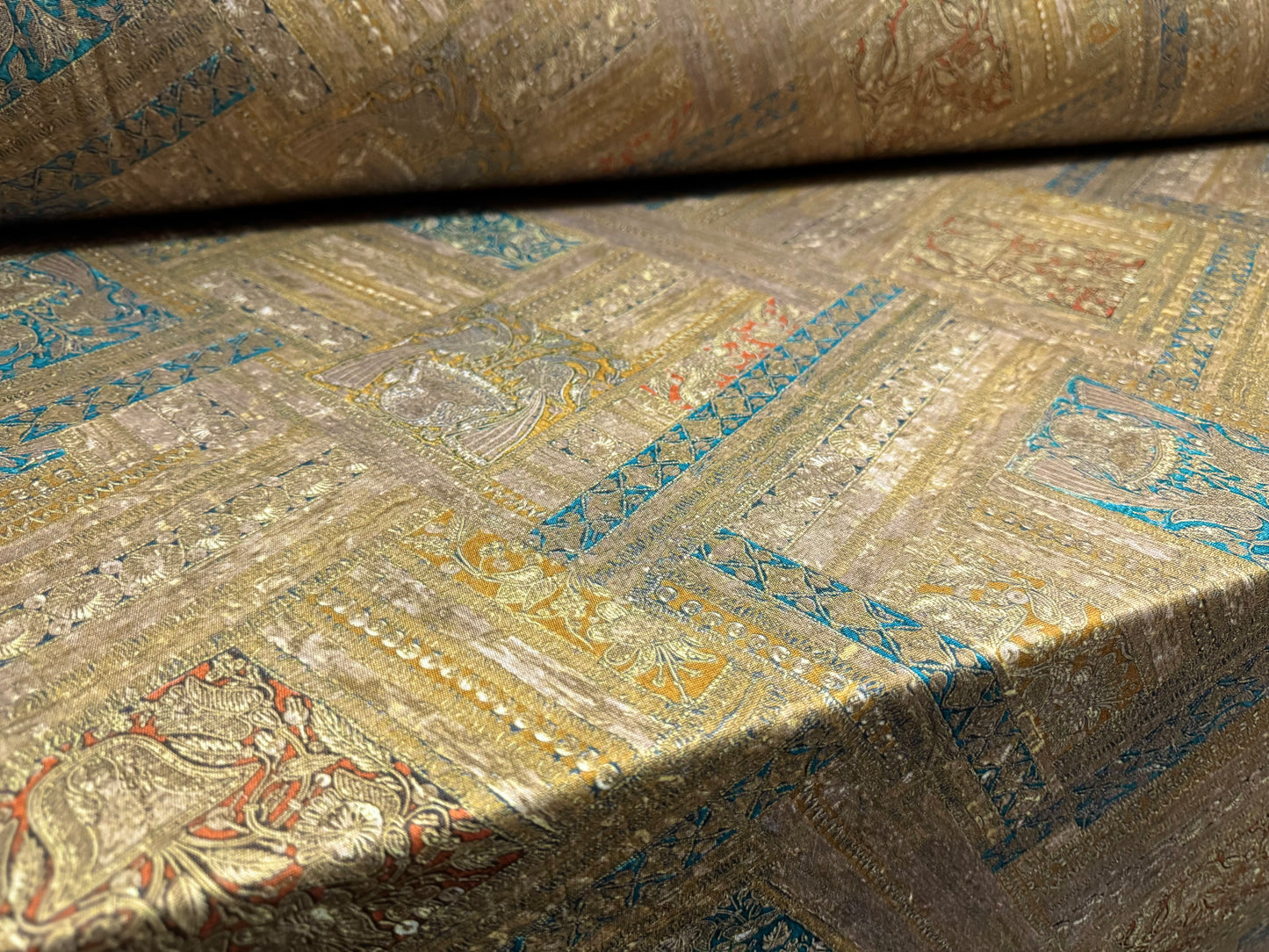 Single jersey fashion fabric, per metre - floral squares print - gold & turquoise