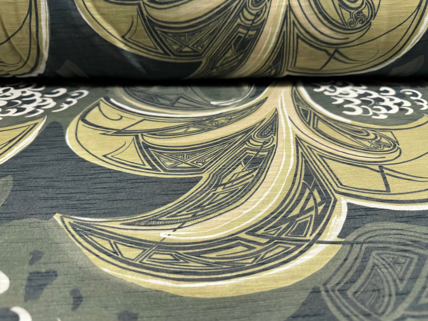 Single jersey slub fabric, per metre - stylised ocean waves print - olive green