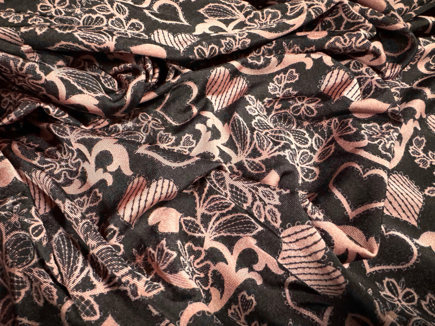 Swimwear stretch spandex jersey fabric, per metre - love hearts and flowers print - dusky pink & black