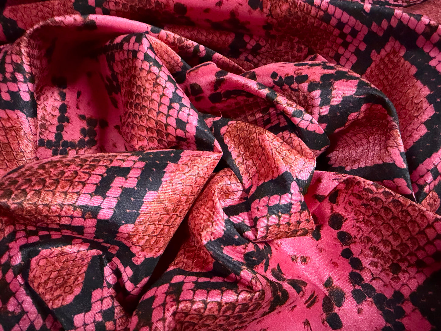 Shantung satin faux silk woven dress fabric, per metre - snakeskin print - cerise pink