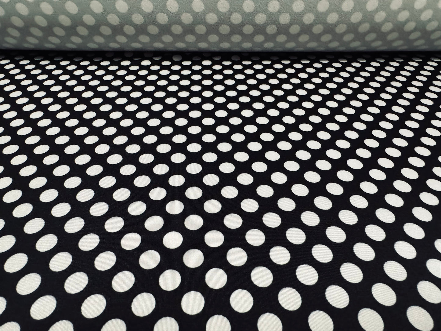 Soft touch stretch spandex single jersey fabric, per metre - spotty print - black & white