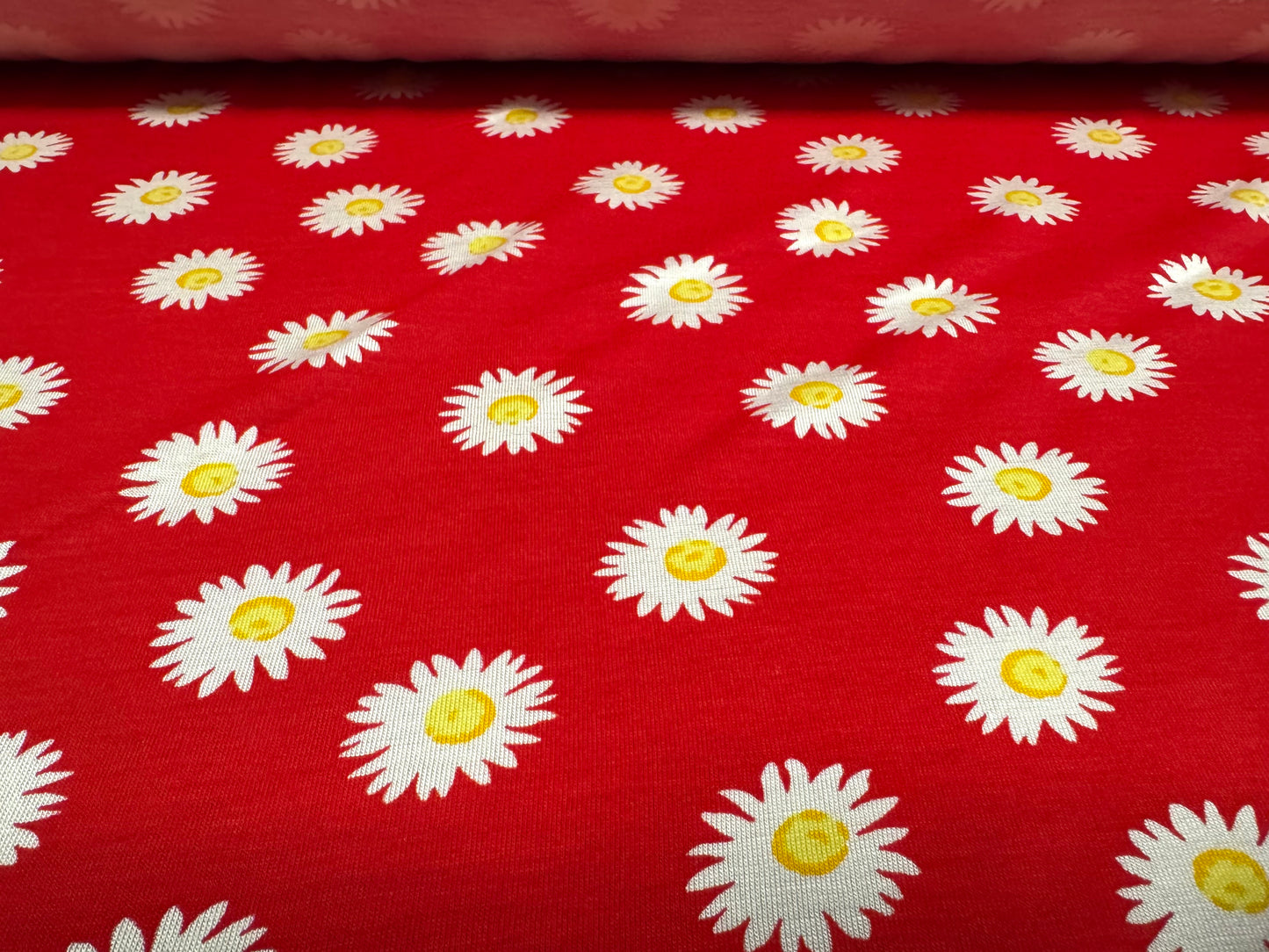 Viscose spandex stretch jersey fabric, per metre - daisy flower print - red