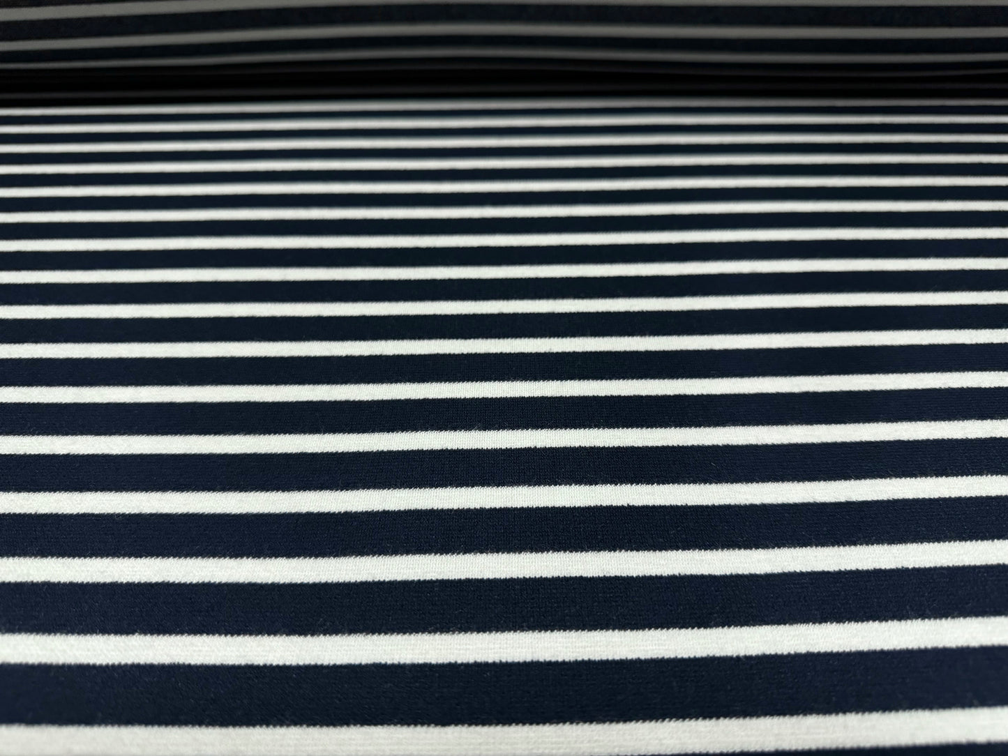 Stretch crepe double jersey dress fabric, per metre - stripe - dark navy blue & white
