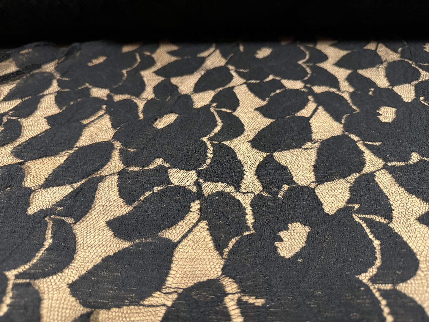 Cotton mesh lace fabric, per metre - large flower pattern - black