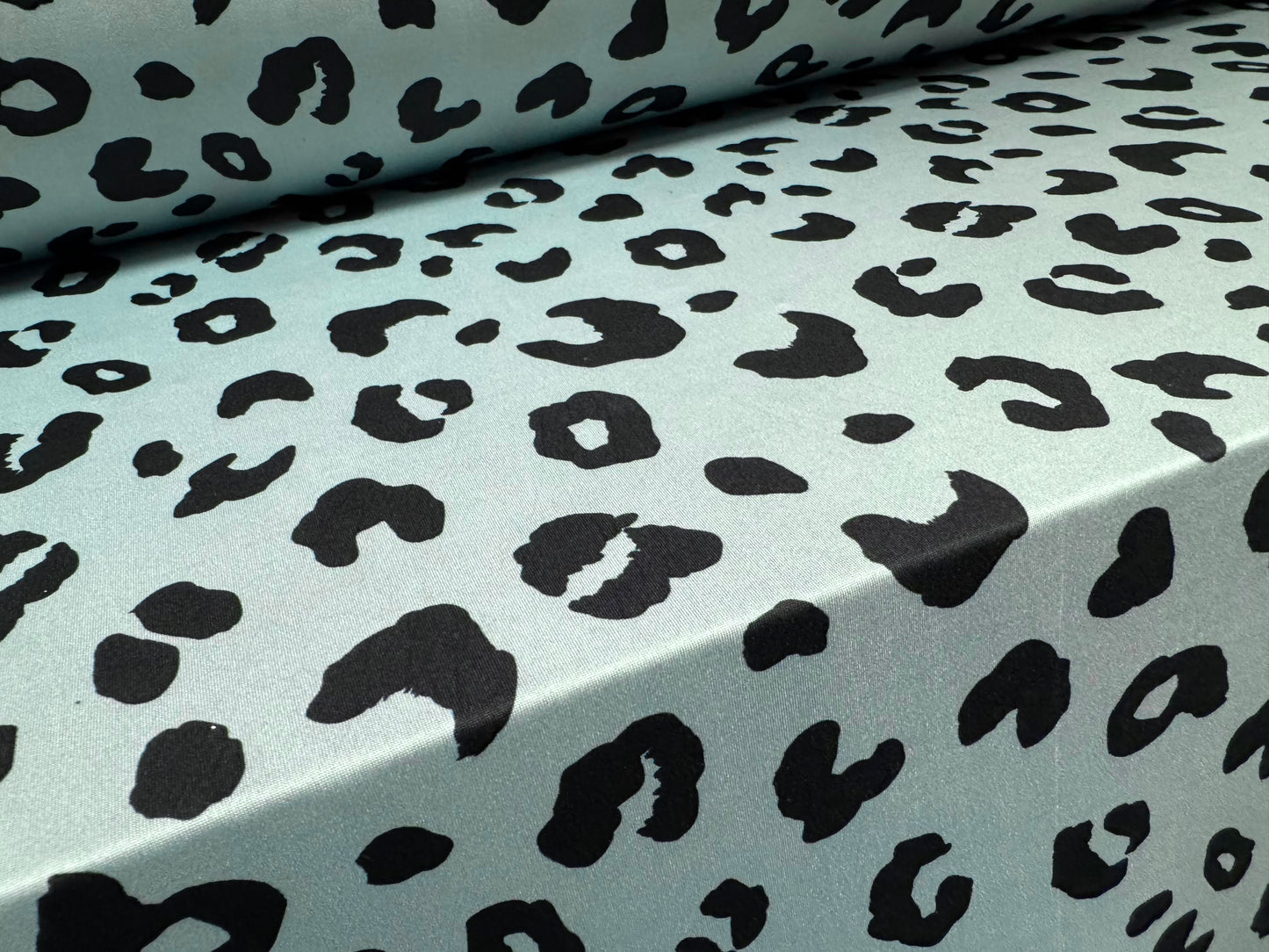 Stretch spandex single jersey fabric, per metre - cheetah animal print - duck egg blue