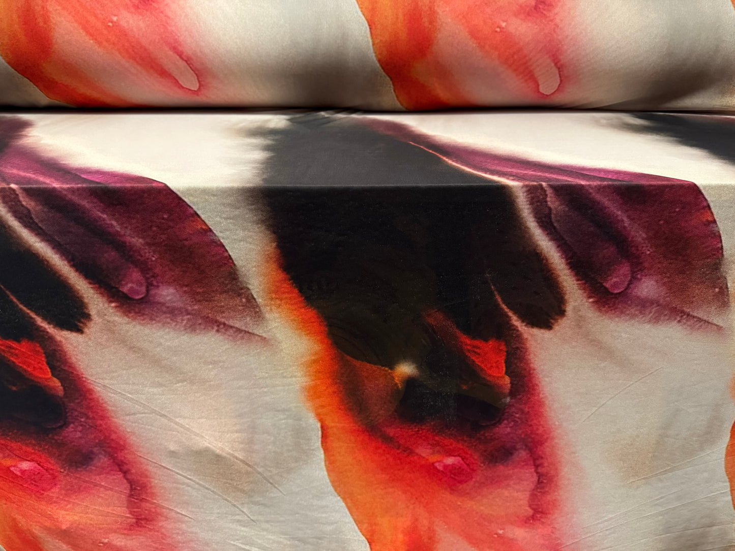 Power mesh net stretch spandex fabric, per metre - abstract print - cream black & orange