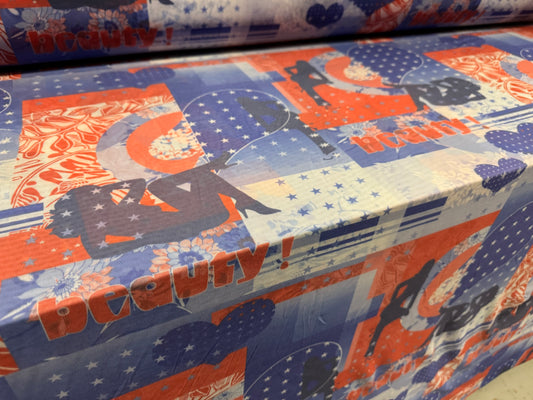 Power mesh net stretch spandex fabric, per metre - American Beauty print - red white & blue