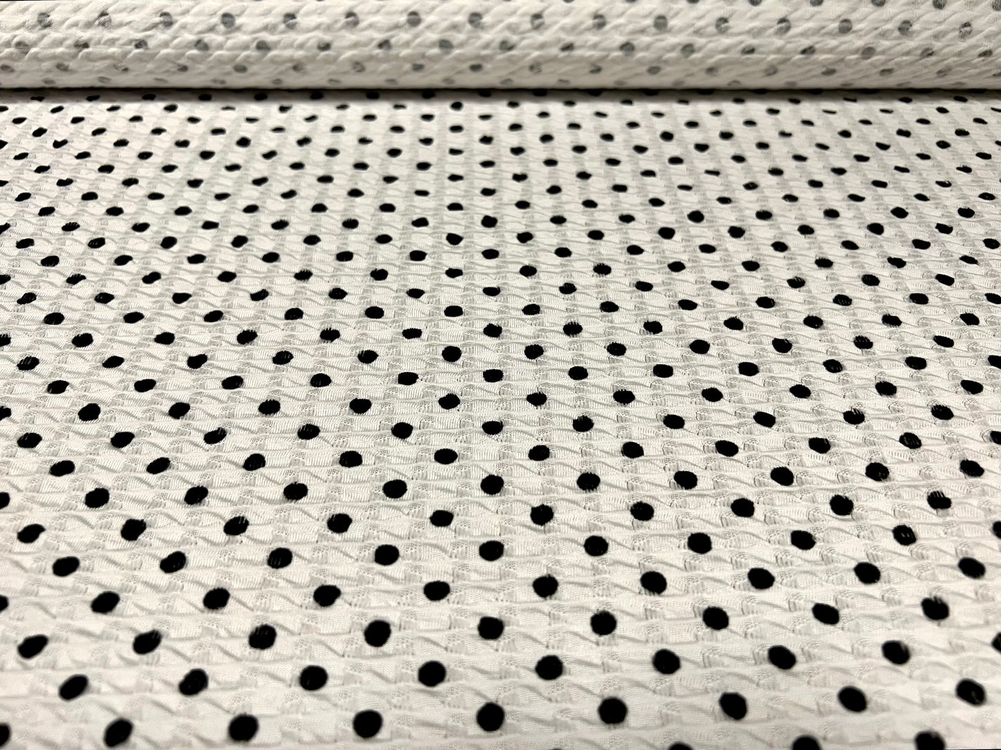 Double jersey knit stretch spandex dress fabric, per metre - polka dot spot - white & black