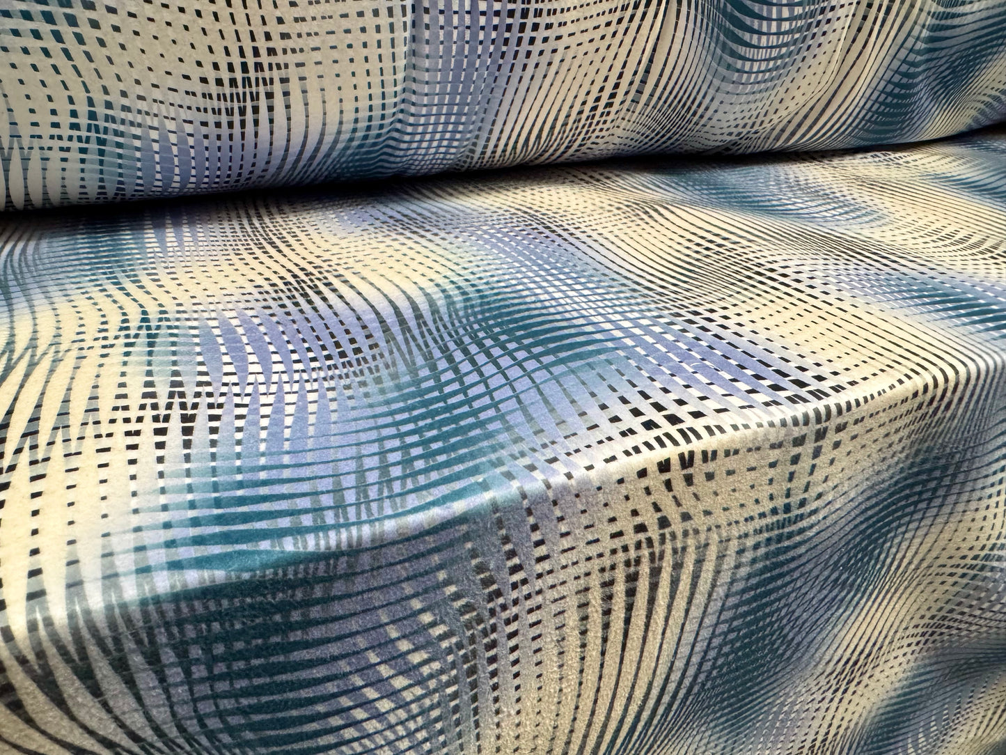 Polar fleece fabric, per metre - psychedelic print - blue & cream
