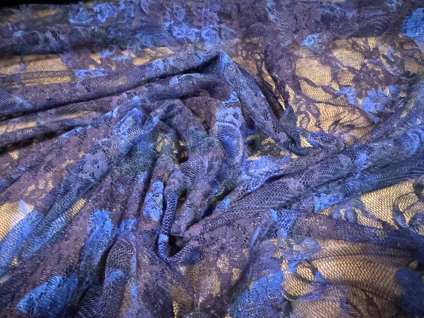Stretch spandex mesh lace fabric, per metre - floral print - blue & purple