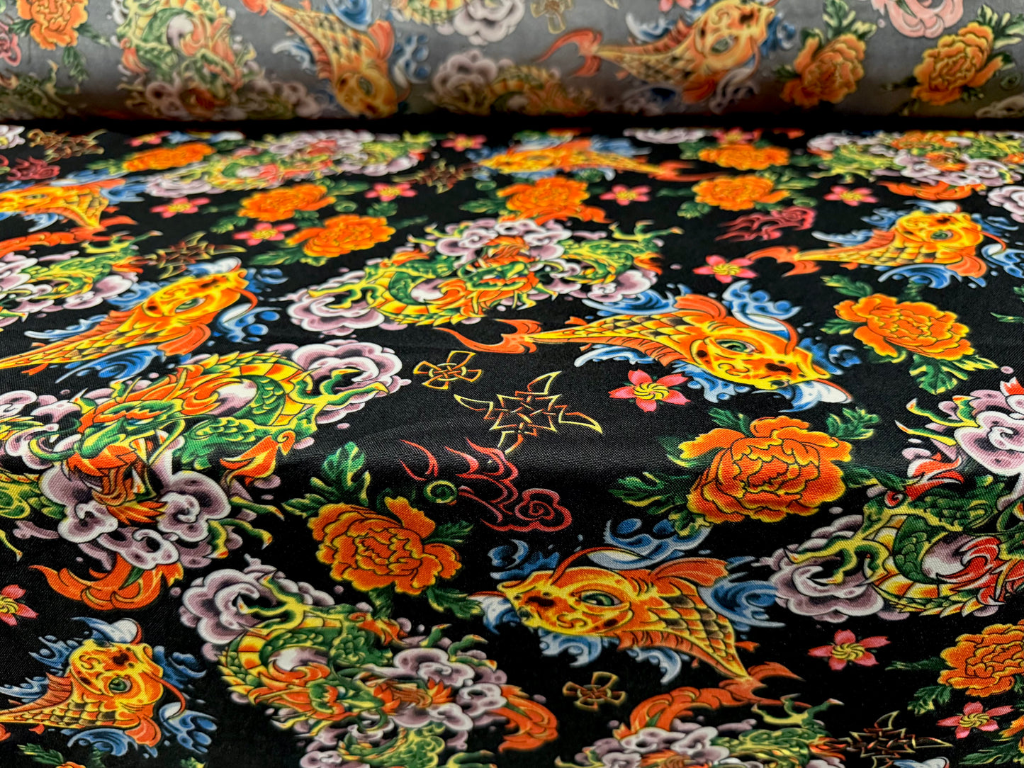Panama woven fashion fabric, per metre - The Carp & The Dragon Gate print - multicolour