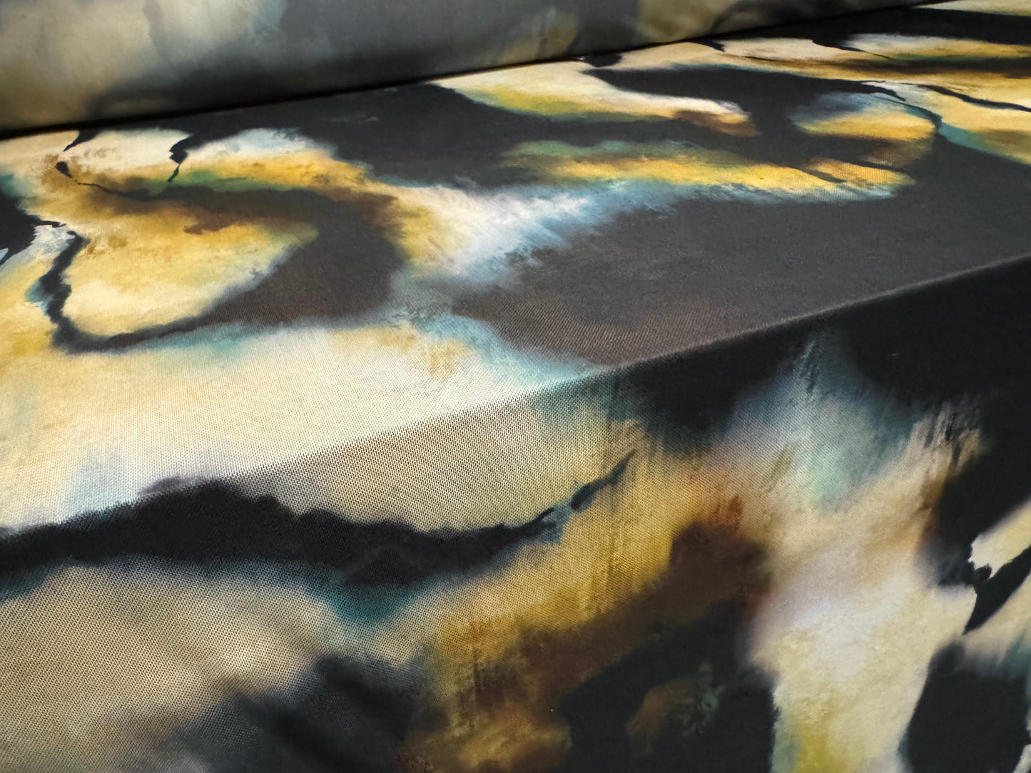 Power mesh net stretch spandex fabric, per metre - abstract print - black mustard & teal