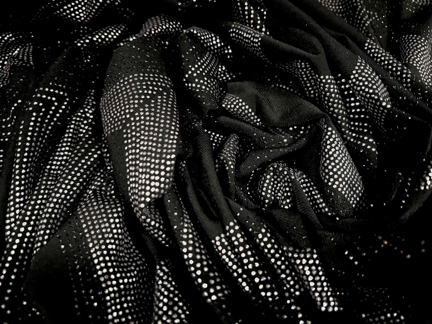 Metallic stretch spandex double jersey dress fabric, per metre - diamanté glitter print - geometric - black & silver