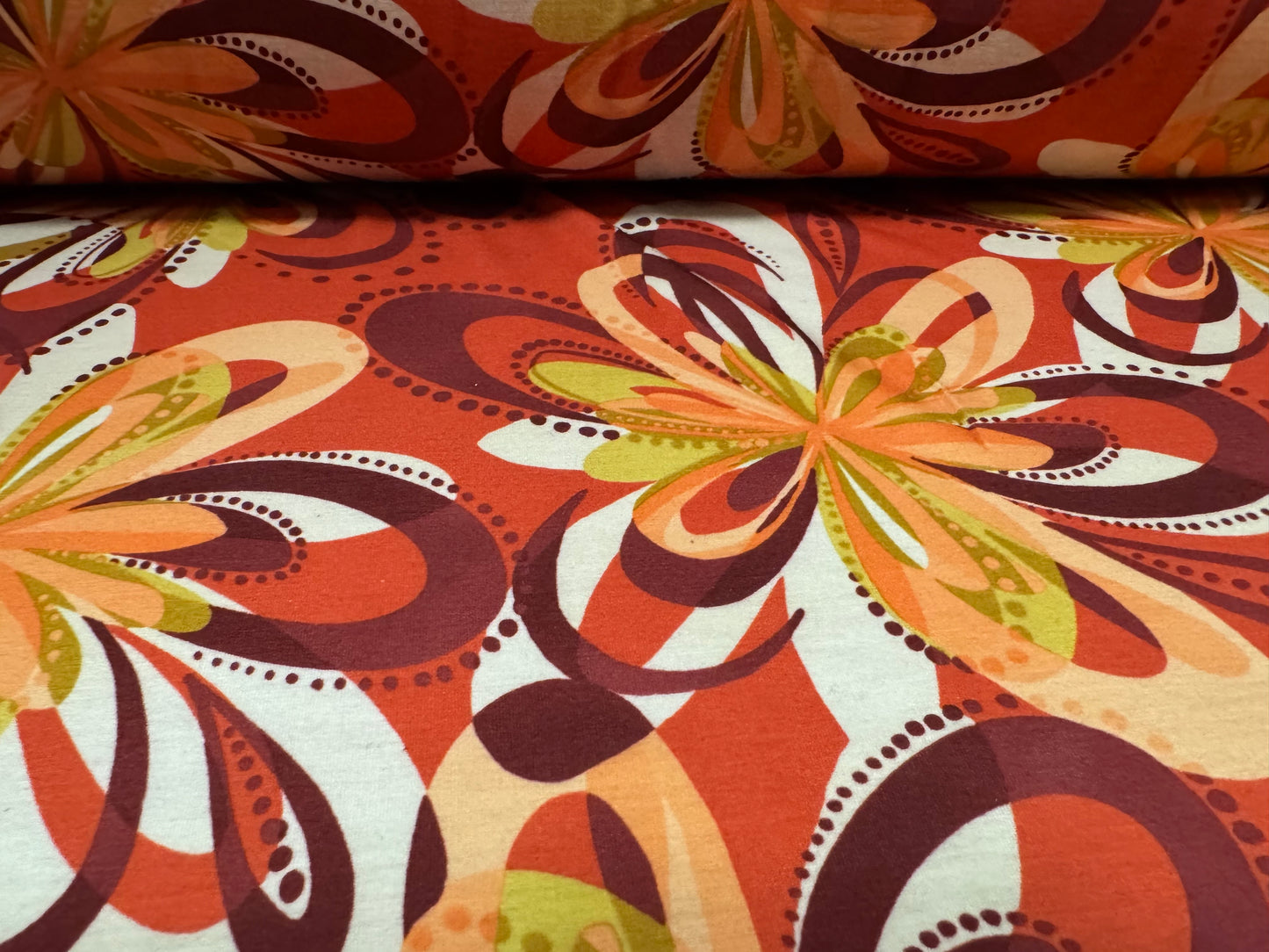 Stretch spandex interlock jersey fabric, per metre - retro flower print - burnt coral
