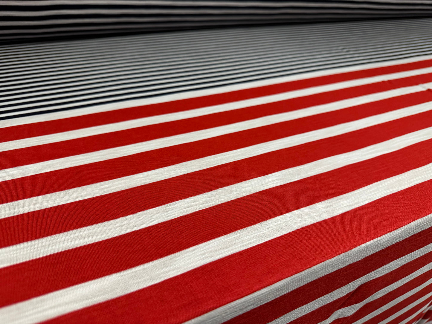 Viscose blend single jersey fabric, per metre - multi stripe - navy white & red