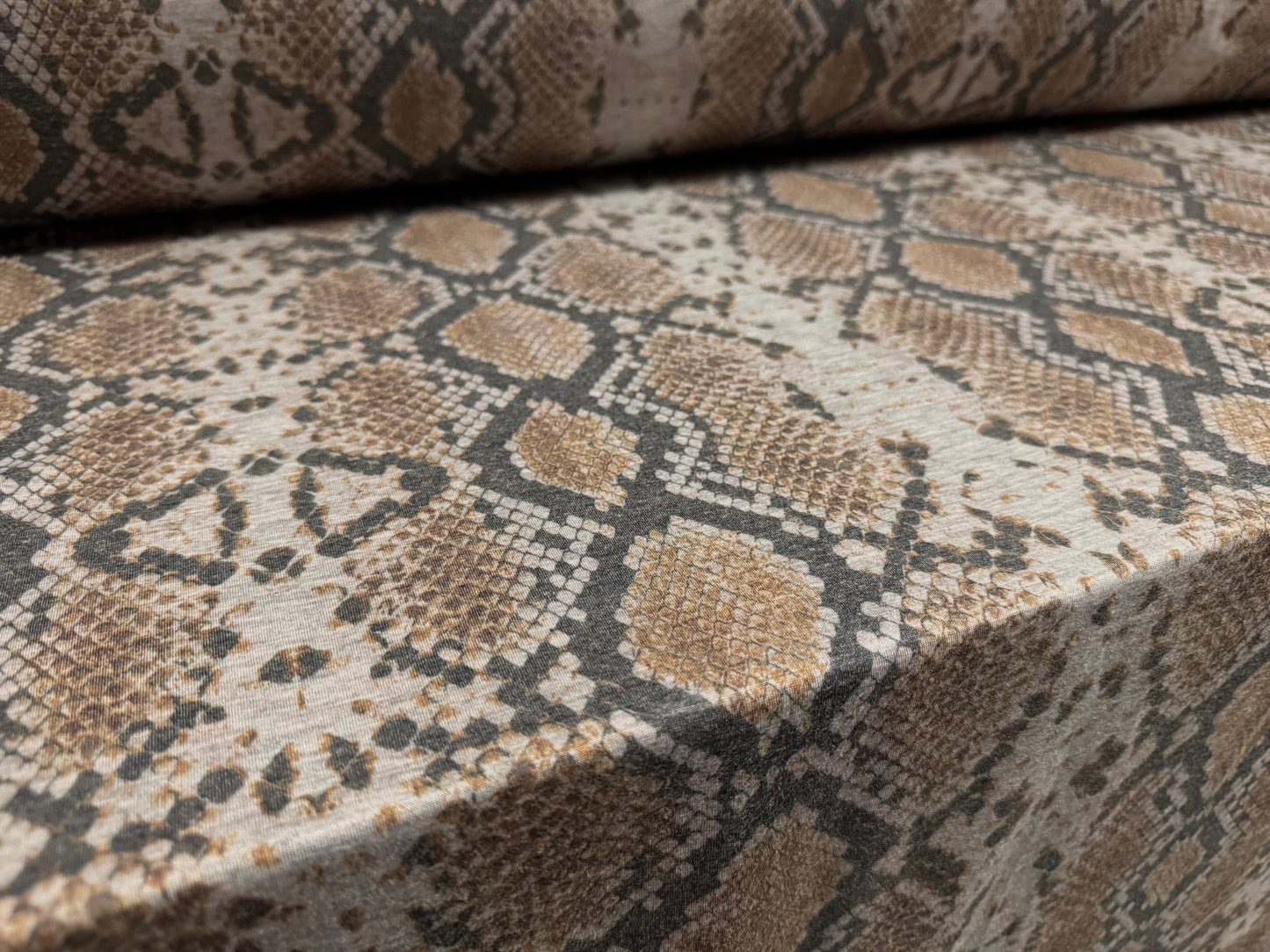 Stretch spandex melange jersey fabric, per metre - snake print - grey & tan