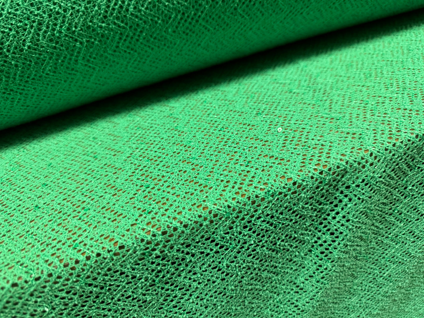 Crochet knit lace dress fabric with sequins, per metre - chevron - green