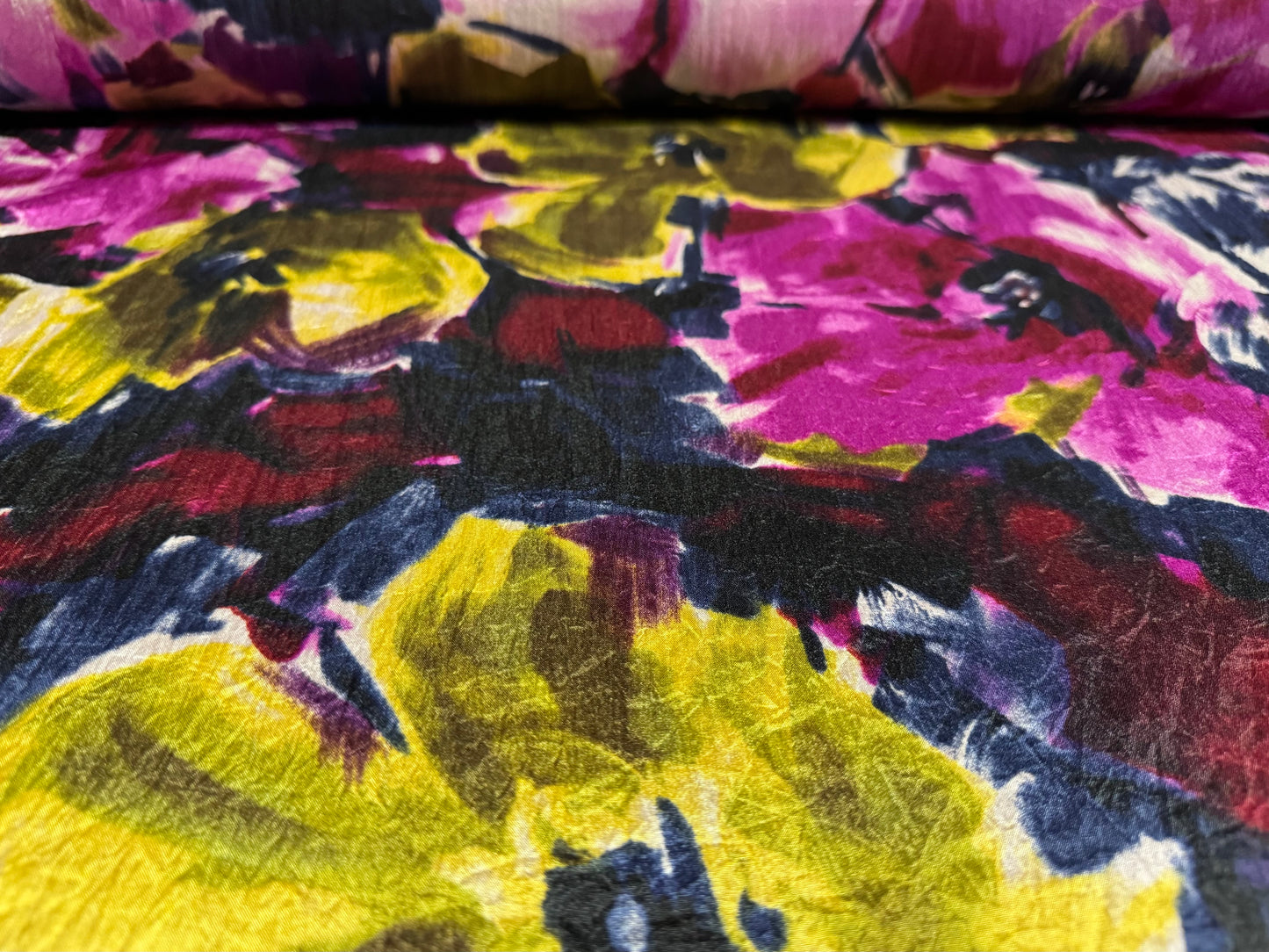 Taffeta faux silk fabric - floral print - navy magenta & chartreuse