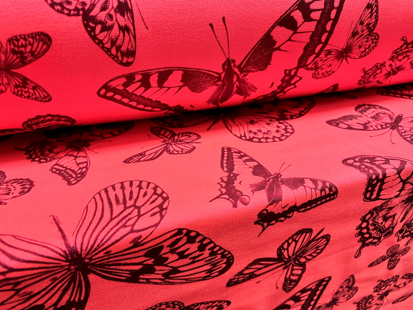 Double jersey stretch spandex dress fabric, per metre - butterflies print - fluorescent pinjk