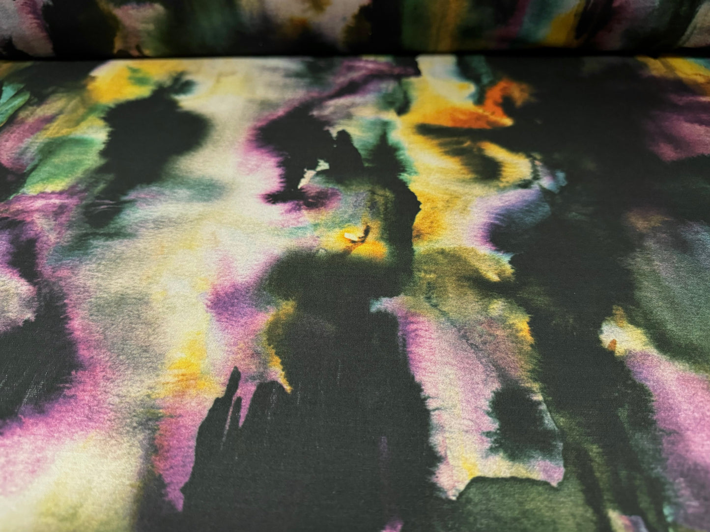 ITY stretch spandex single jersey fabric, per metre - abstract print - darkest green & purple
