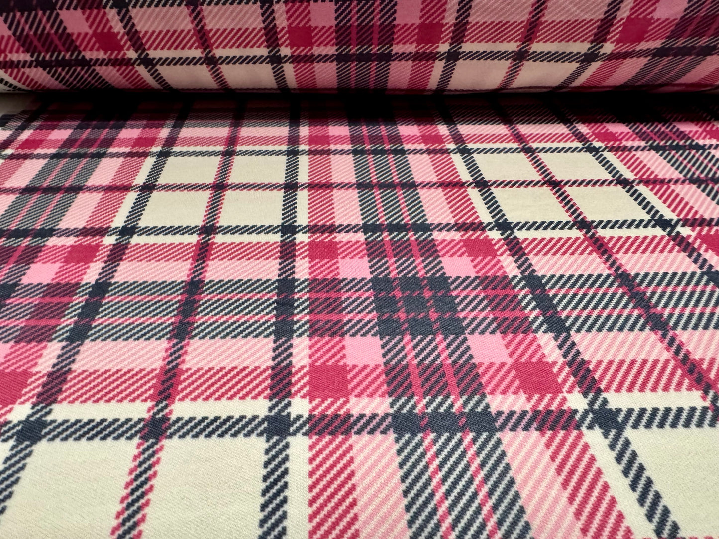 Double jersey upholstery fabric, per metre - tartan check print - pink & navy