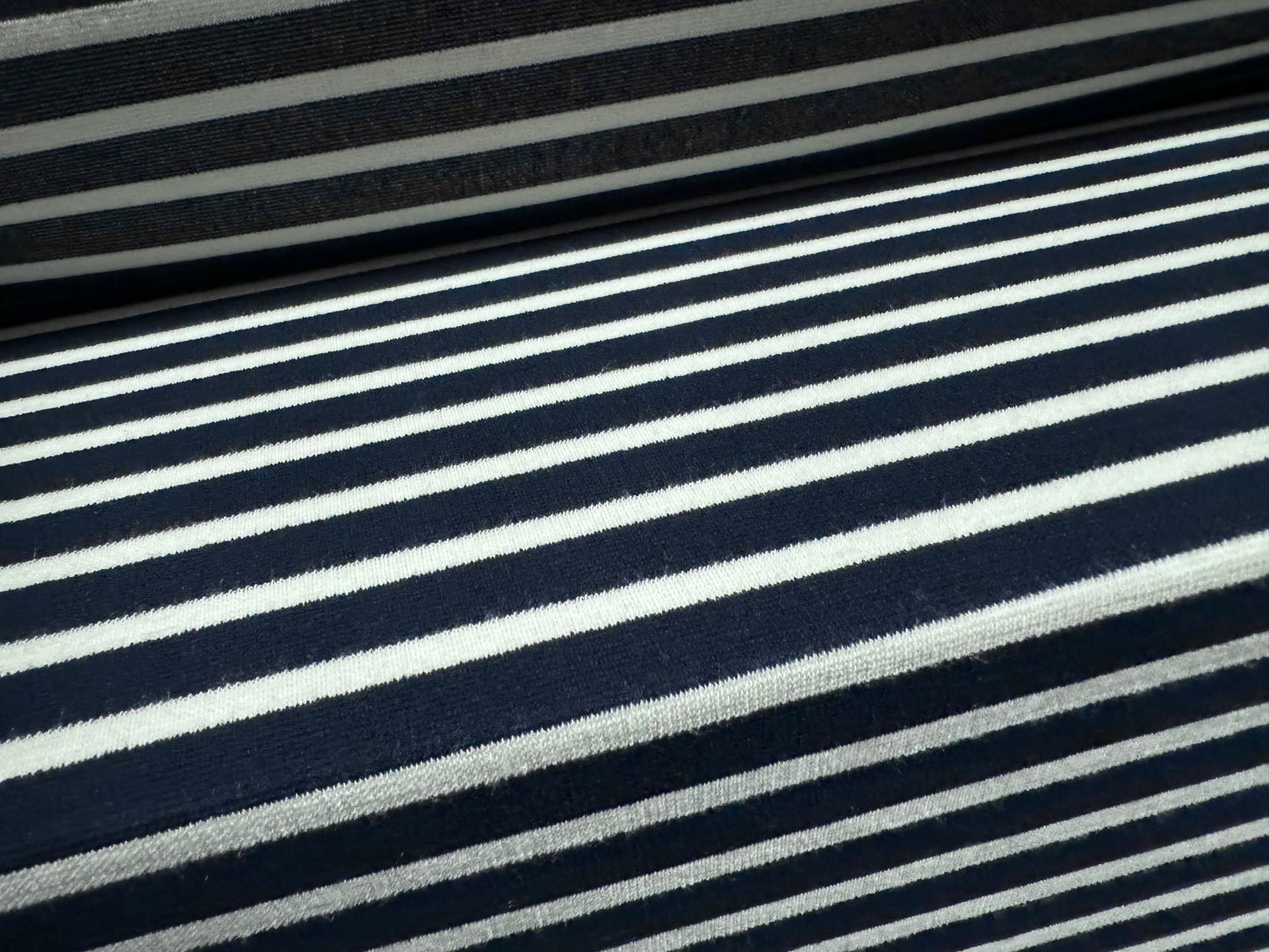 Stretch crepe double jersey dress fabric, per metre - stripe - dark navy blue & white