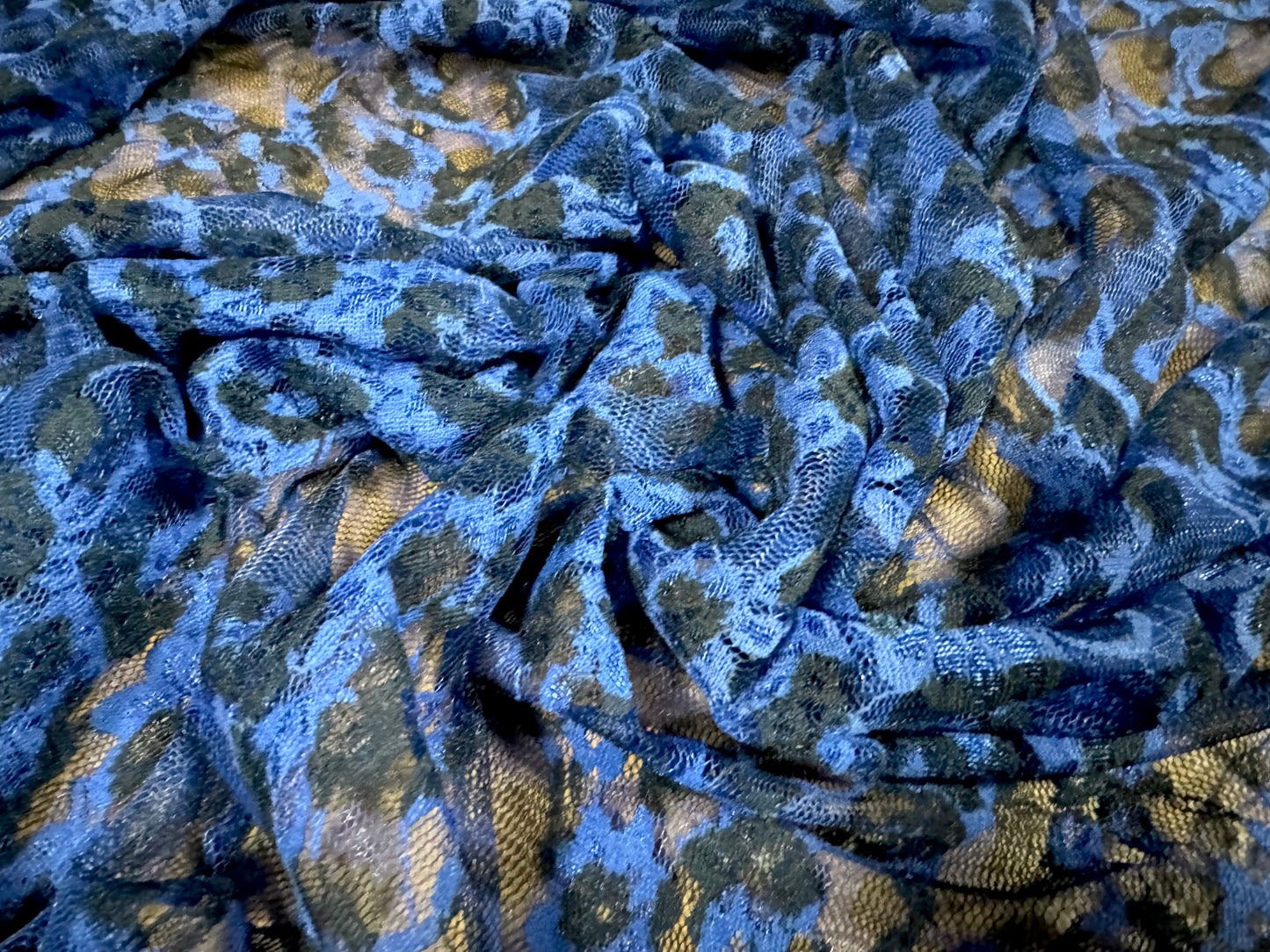 Stretch spandex mesh lace fabric, per metre - cheetah animal print - Royal blue & black