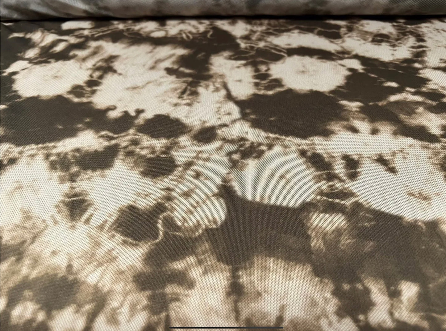 Power mesh net sheer stretch spandex fabric, per metre - tie dye print - Olive & cream