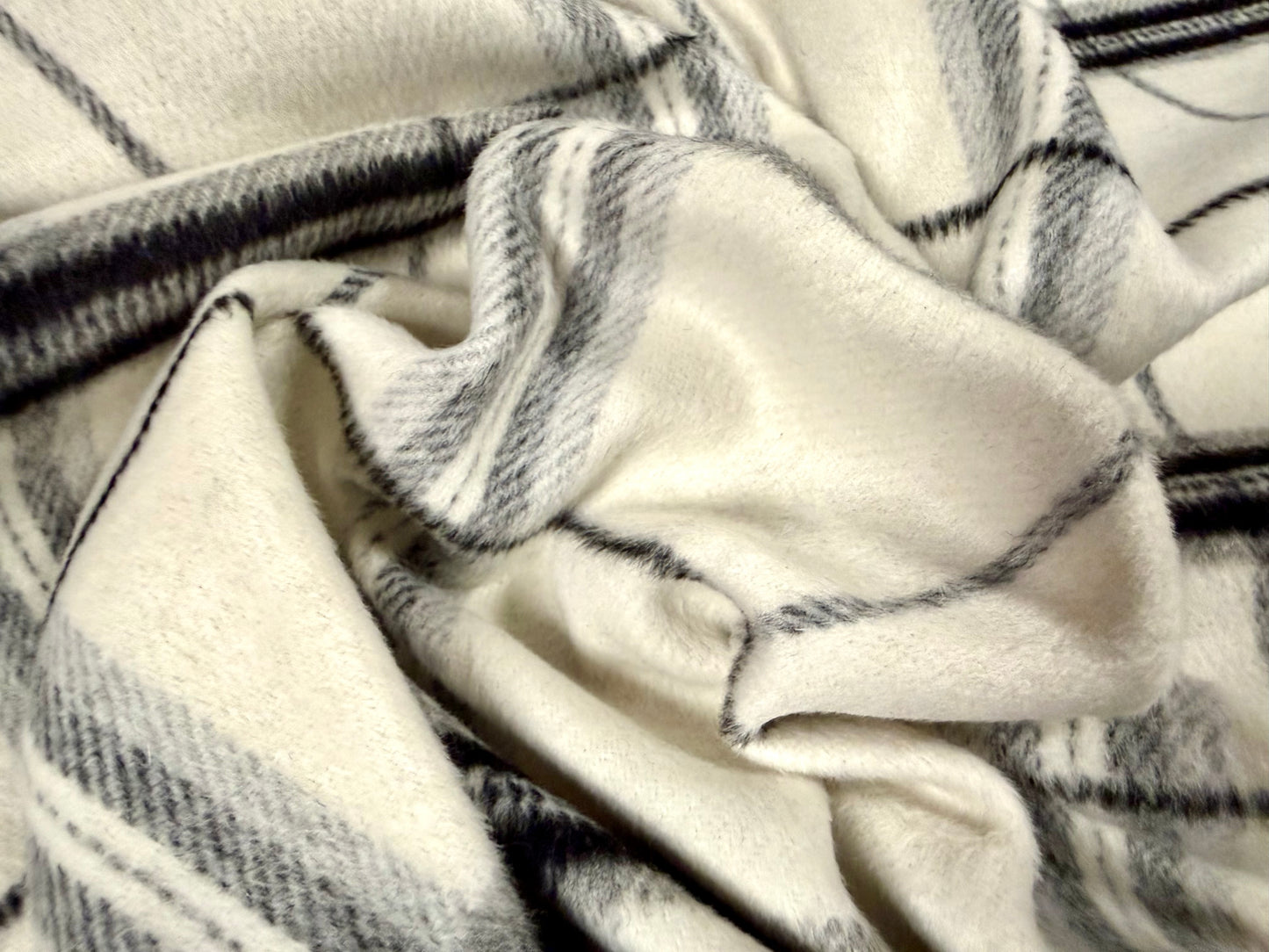 Heavyweight wool flannel coat jacket fabric, per metre - plaid check - cream grey & black
