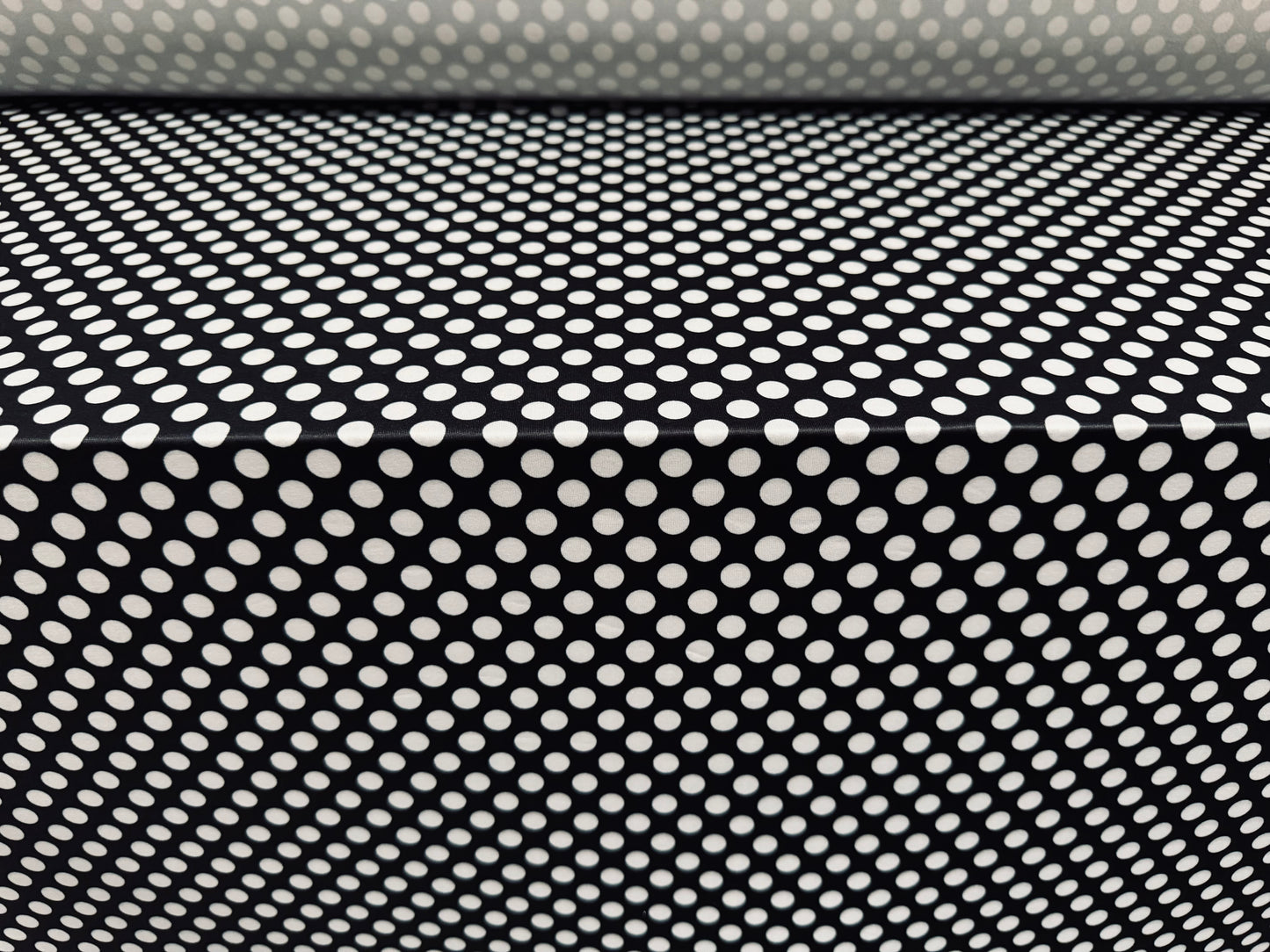 Soft touch stretch spandex single jersey fabric, per metre - spotty print - black & white