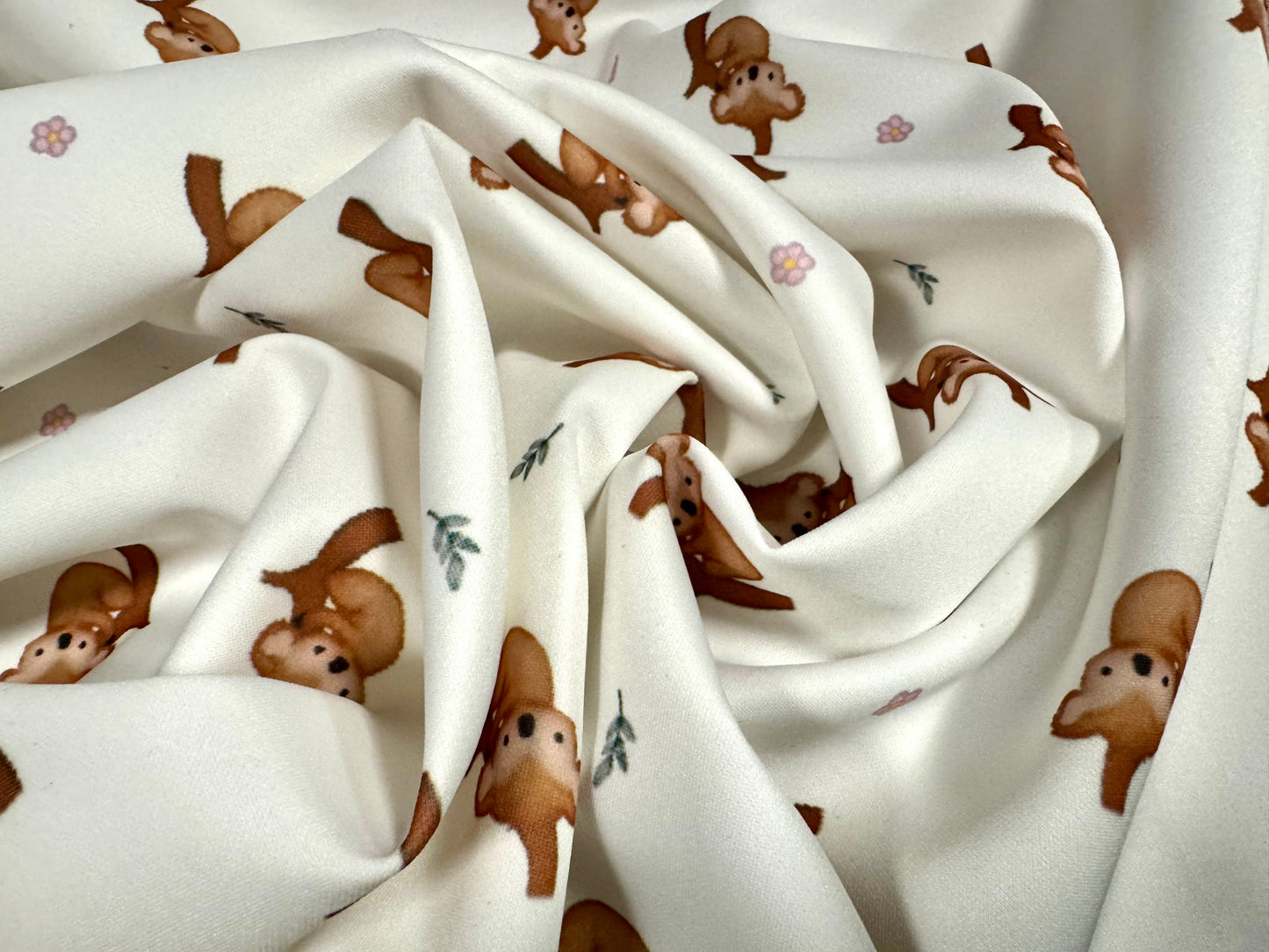 Scuba stretch spandex double jersey fabric, per metre - koala bear print - white & brown