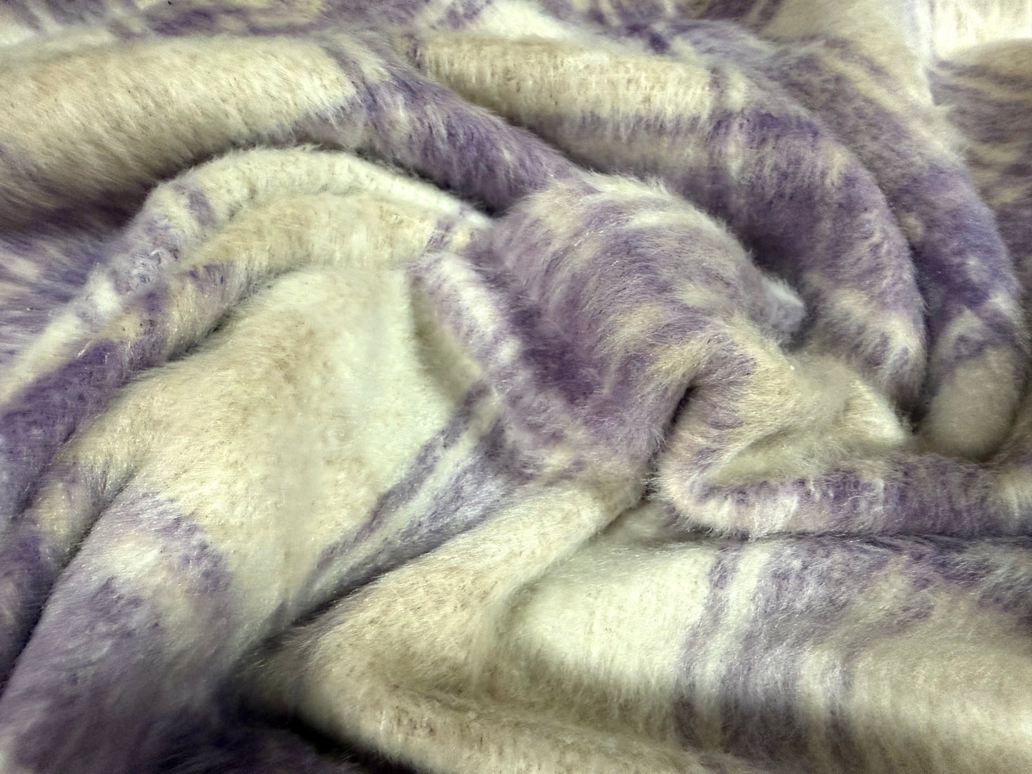 Wool faux fur fabric, per metre - check - lavender cream & beige