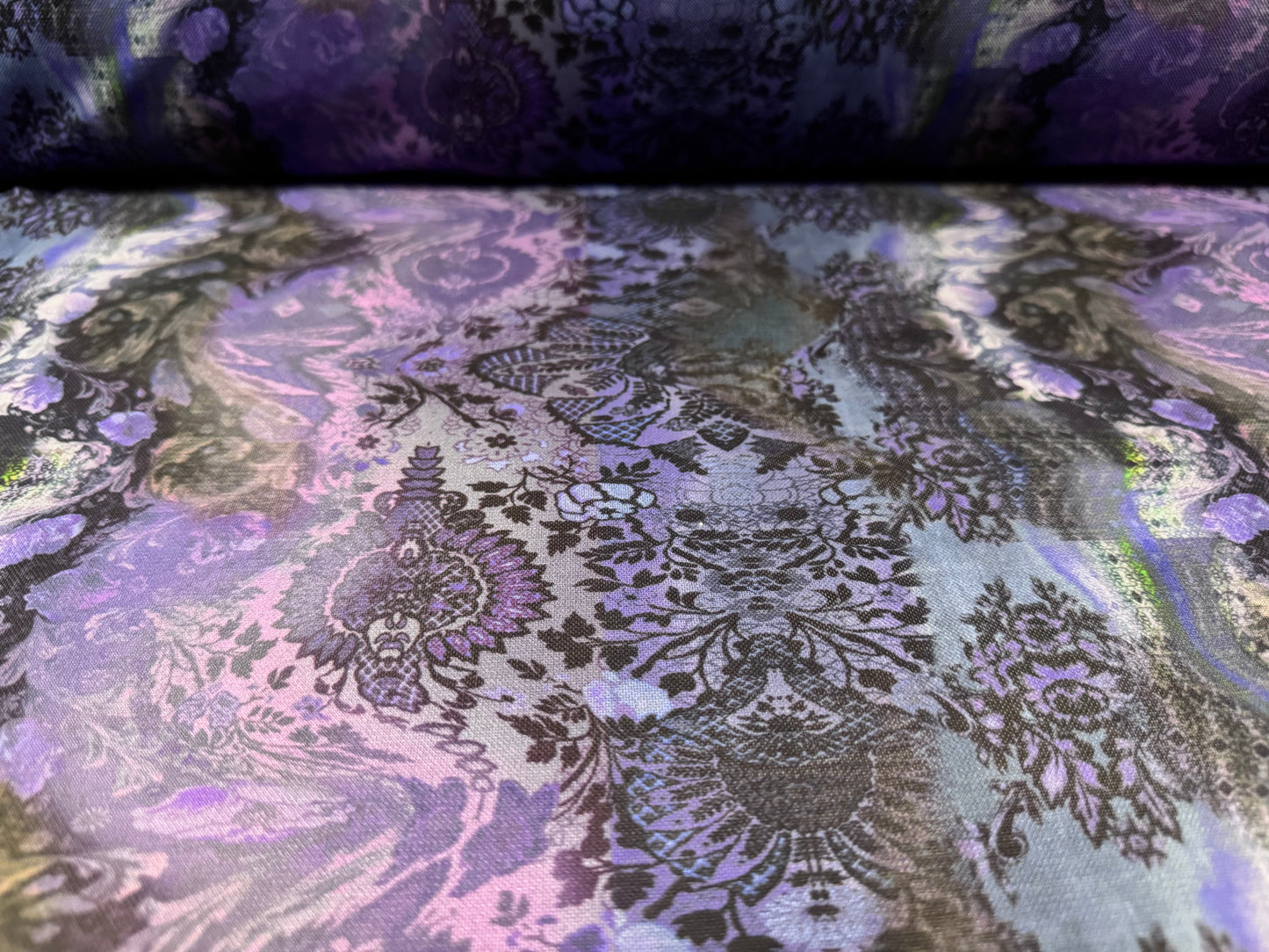 Power mesh net stretch spandex fabric, per metre - paisley print - purple & khaki