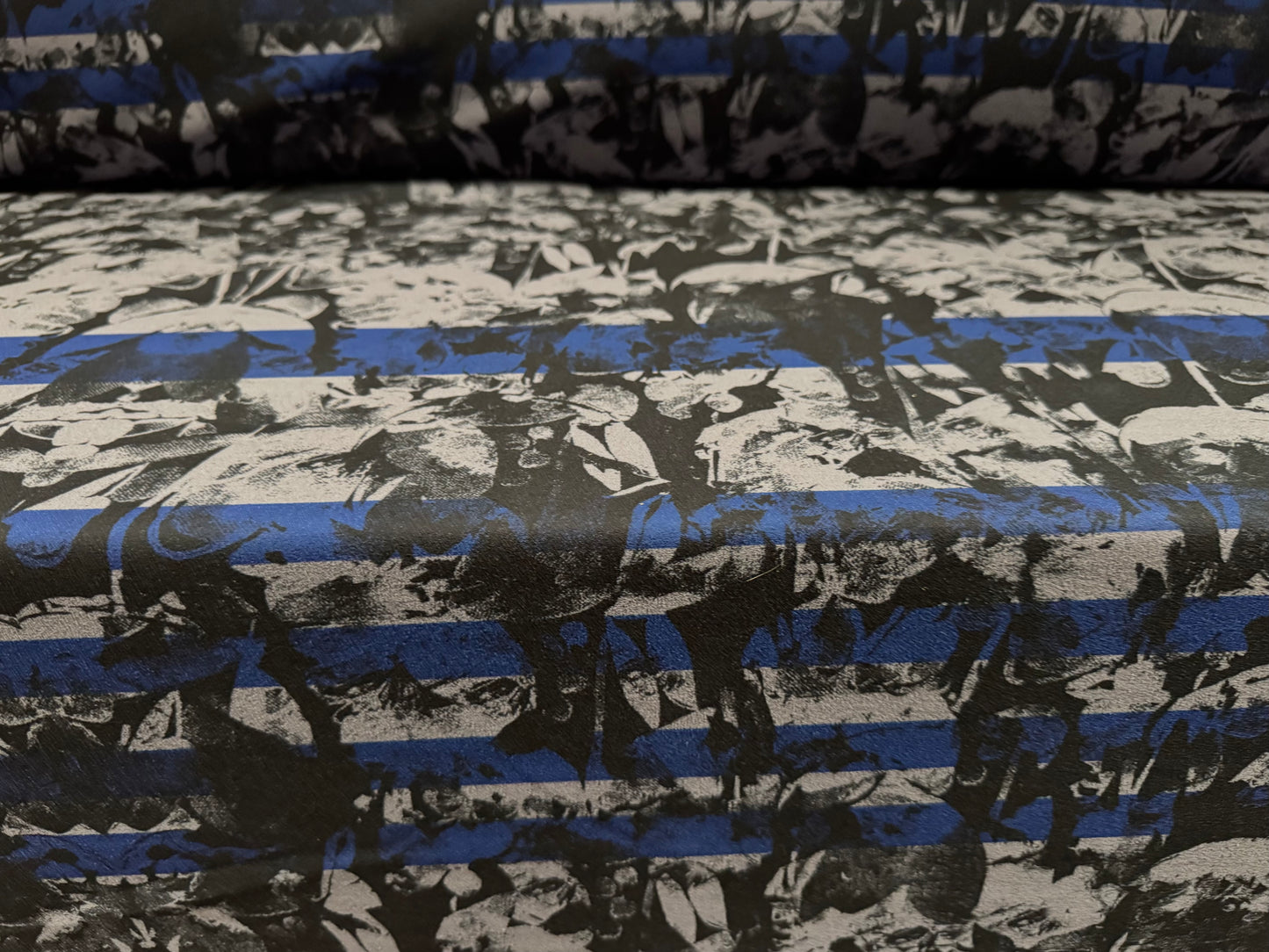 Scuba crepe stretch spandex double jersey fabric, per metre - stripes on abstract print - blue & grey