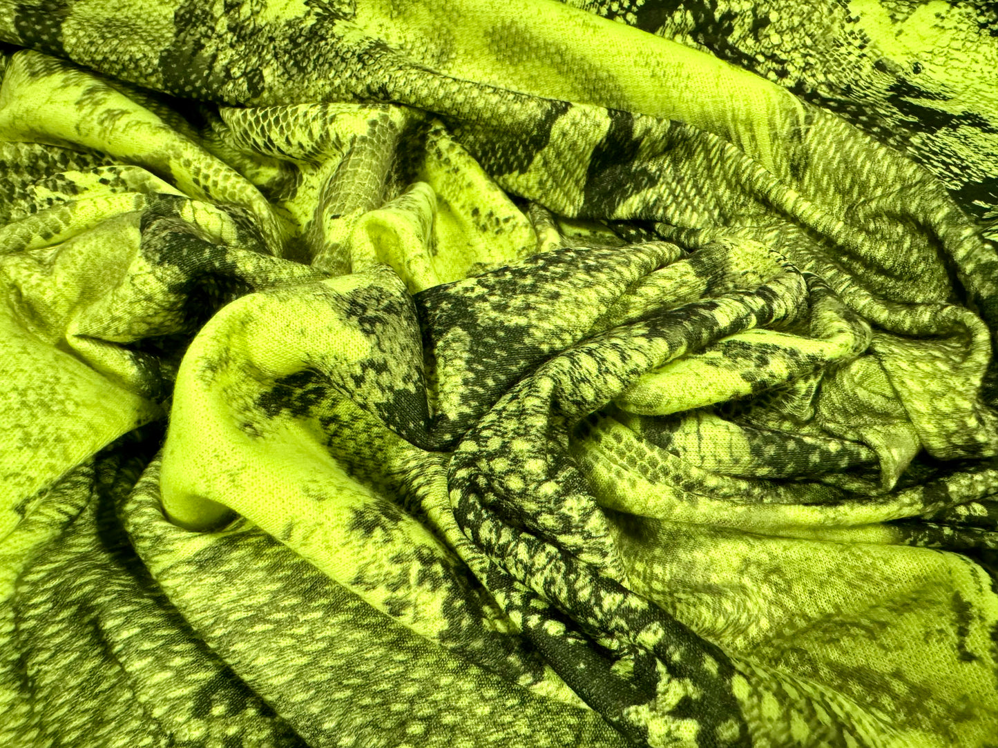 French Terry loopback sweatshirt jersey fabric, per metre - distressed snakeskin print - lime green