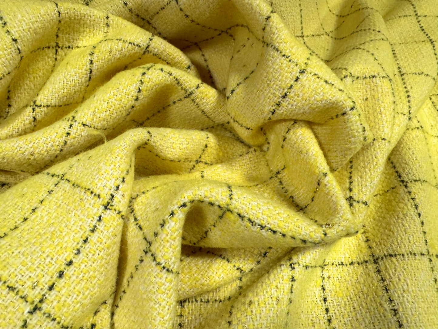 Wool blend bouclé coat jacket fabric, per metre - metallic lurex check - yellow