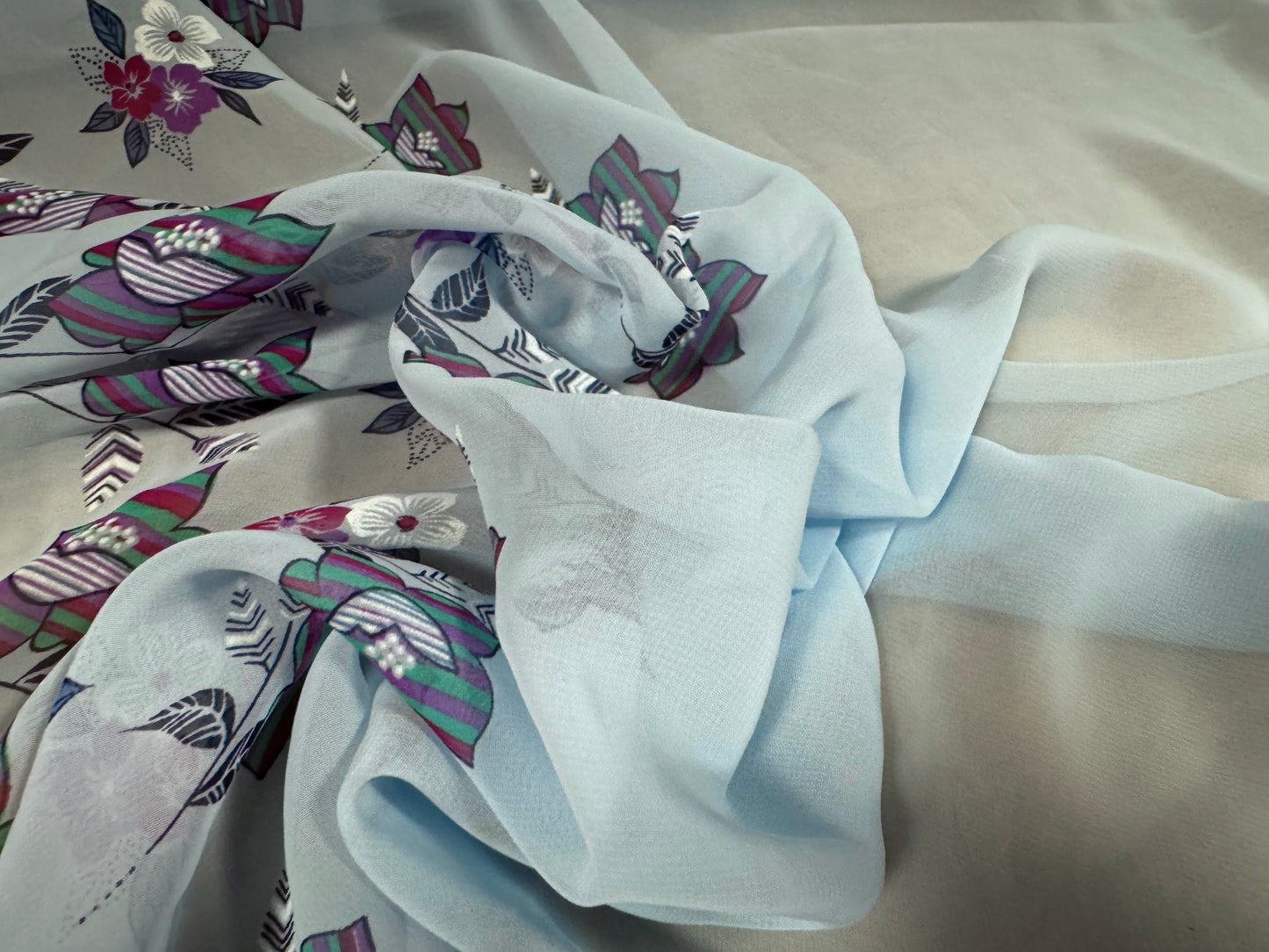 Chiffon lightweight dress fabric, per metre - floral double border print - light blue