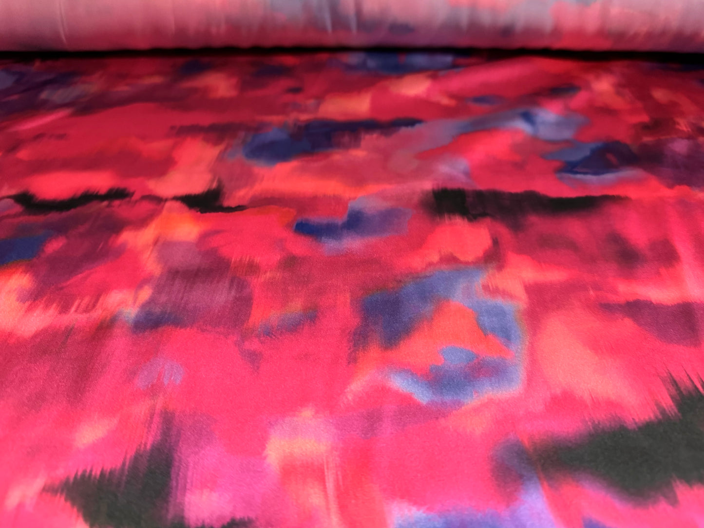 Dulled Satin woven dress fabric, per metre - abstract print - cerise pink, lilac & blue