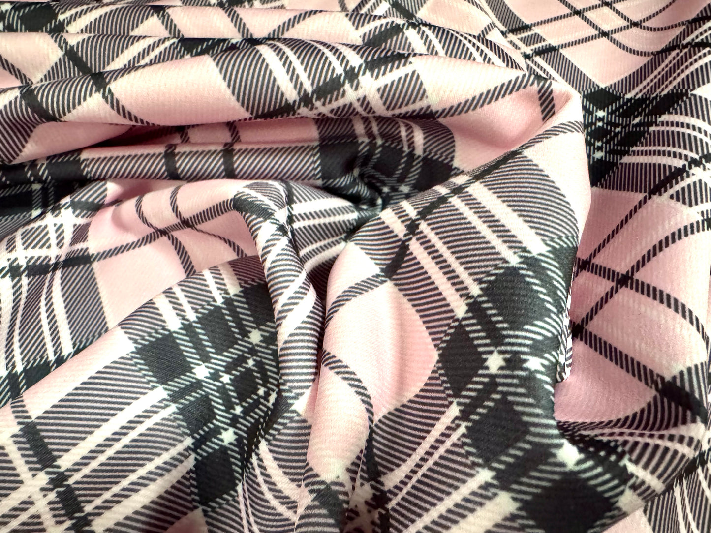 Scuba stretch spandex double jersey dress fabric, per metre - tartan check print - grey & pink